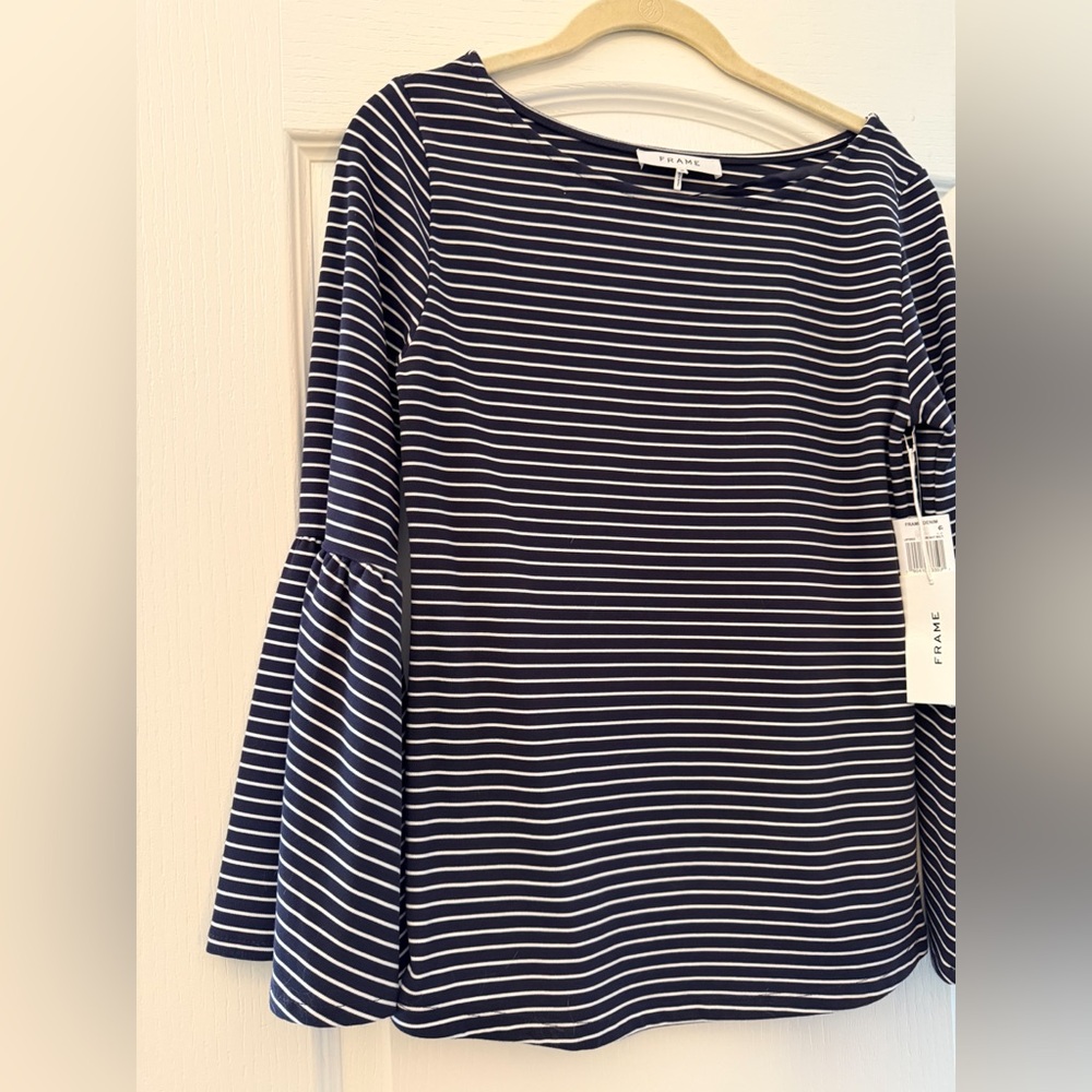 Frame Bell Sleeve Boatneck Top | Navy White Pinstripe Nautical Blouse | NWT M